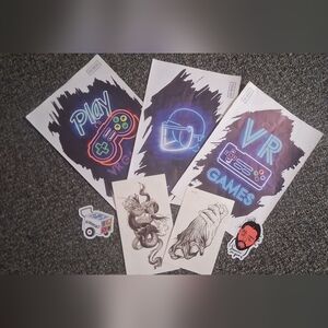 SHEIN Neon Gaming Art Prints And Stickers And Tats Bundle